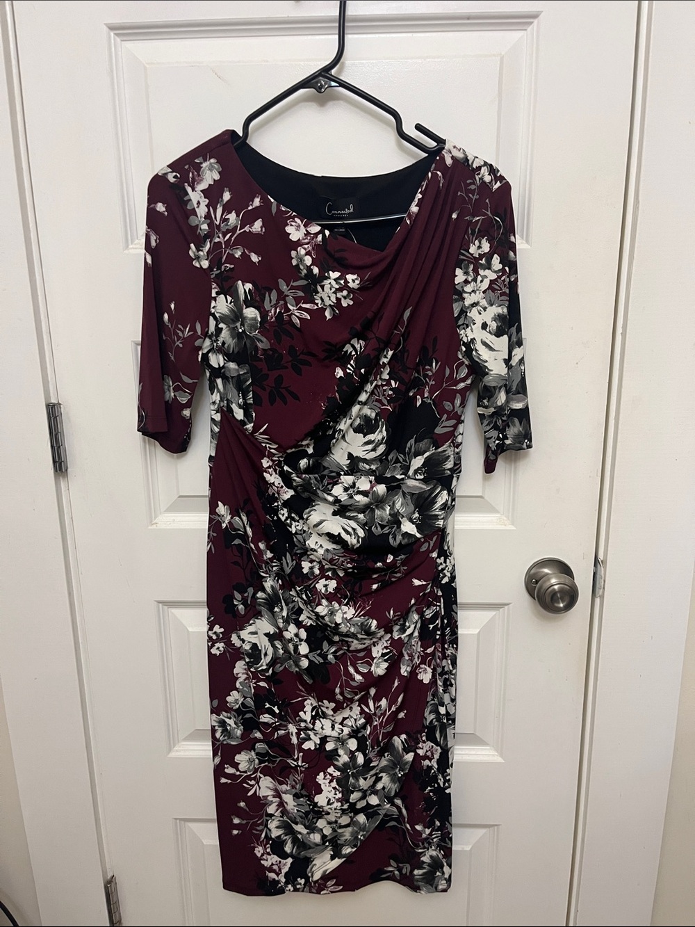 NWT Connected Apparel Burgundy and White Floral Draped Midi Dress